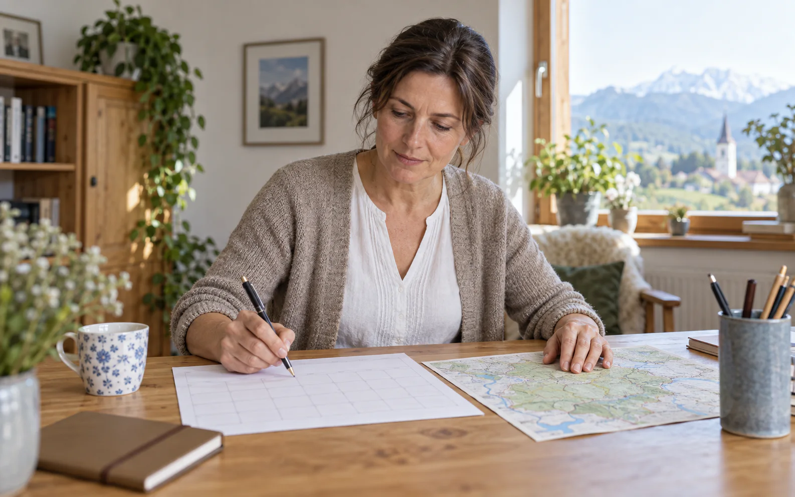 Verlässliche Frau plant an einem hellen Tisch ihre regionalen Termine